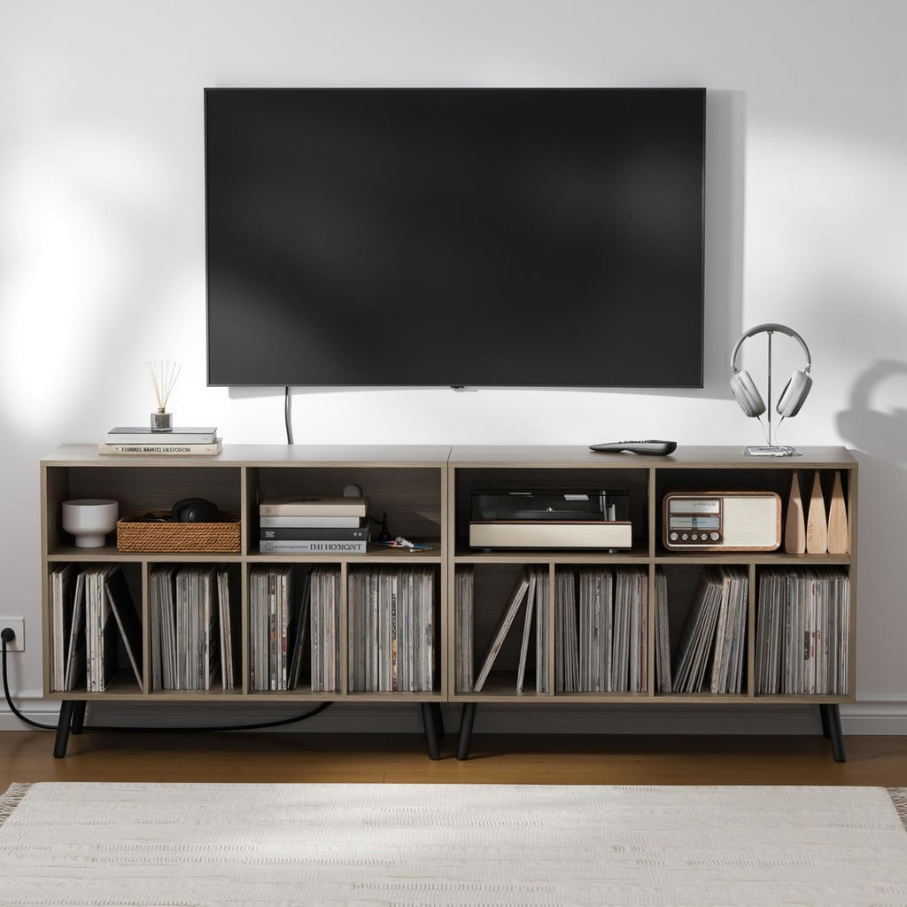 Cozy Castle Record Player Stand with Vinyl Storage Cabinet, Wood Turntable Table Open Shelf Holder Up to 350 Albums Cube Storage Organizer for Living Room, Office, Gray