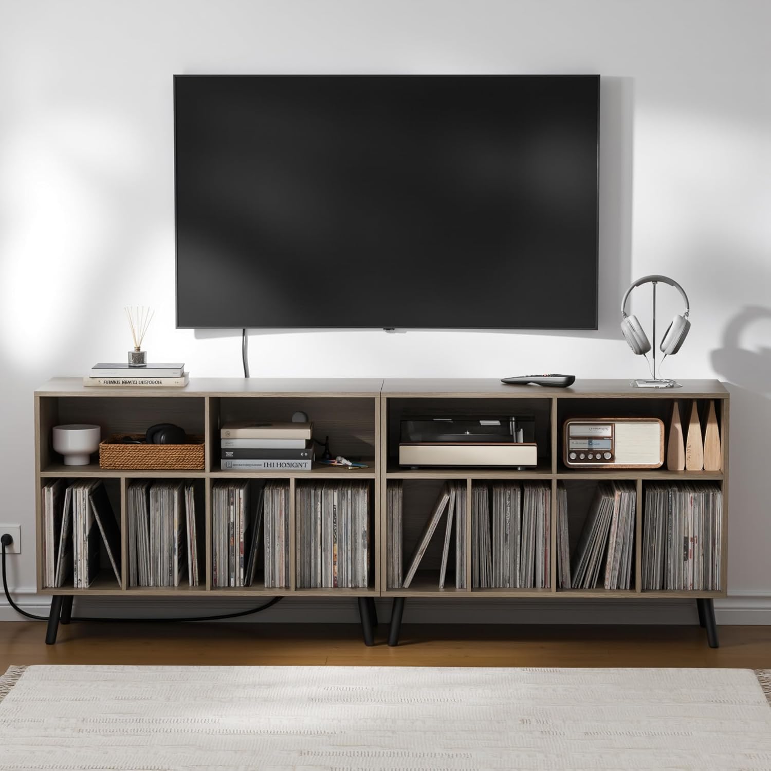 Cozy Castle Record Player Stand with Vinyl Storage Cabinet, Wood Turntable Table Open Shelf Holder Up to 350 Albums Cube Storage Organizer for Living Room, Office, Gray