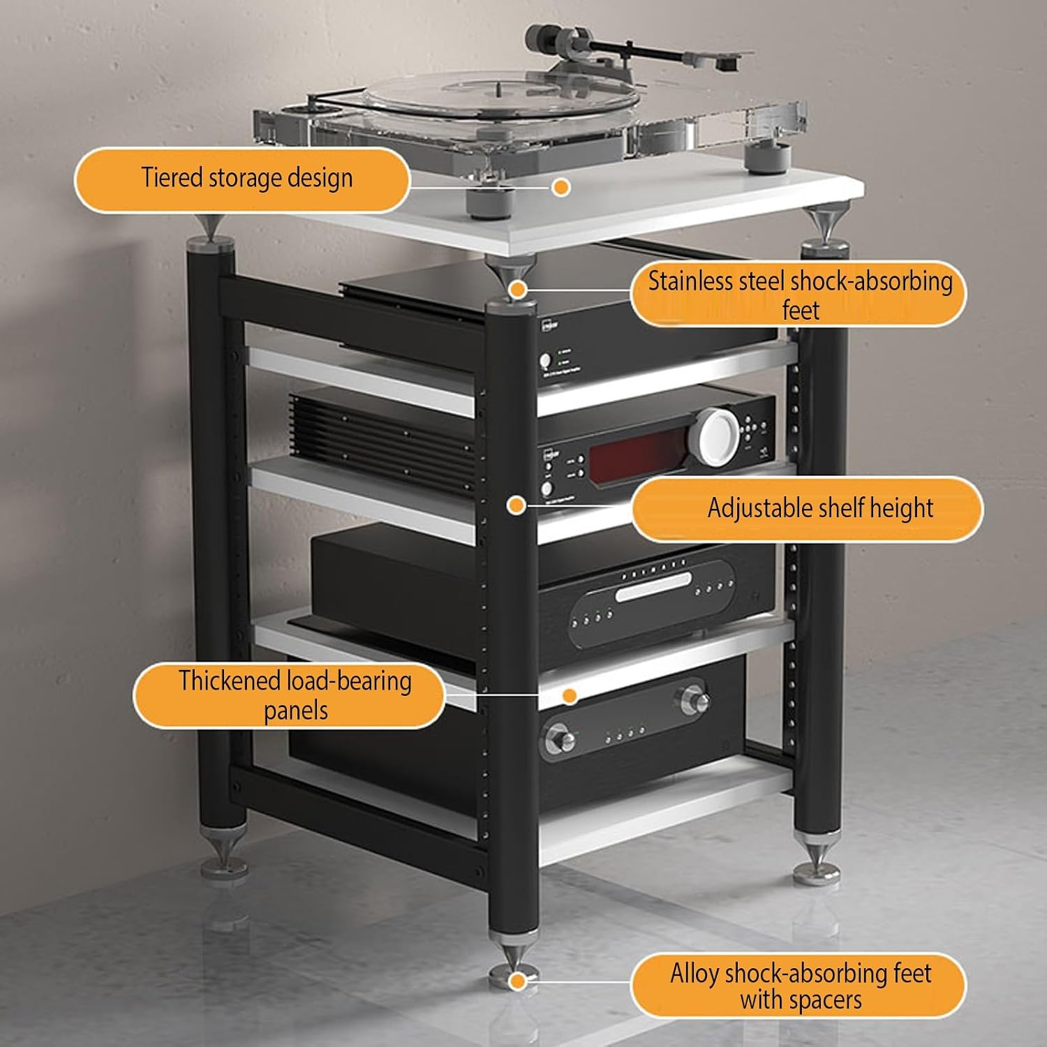 AV Media Stand,Audio Rack Stereo Cabinet,Stereo Stand with Shock-Absorbing Feet,DVD Stand Storage Tower,Record Player Console Cabinet,Audio-Video Shelving,Entertainment Stand(Black,5floor)