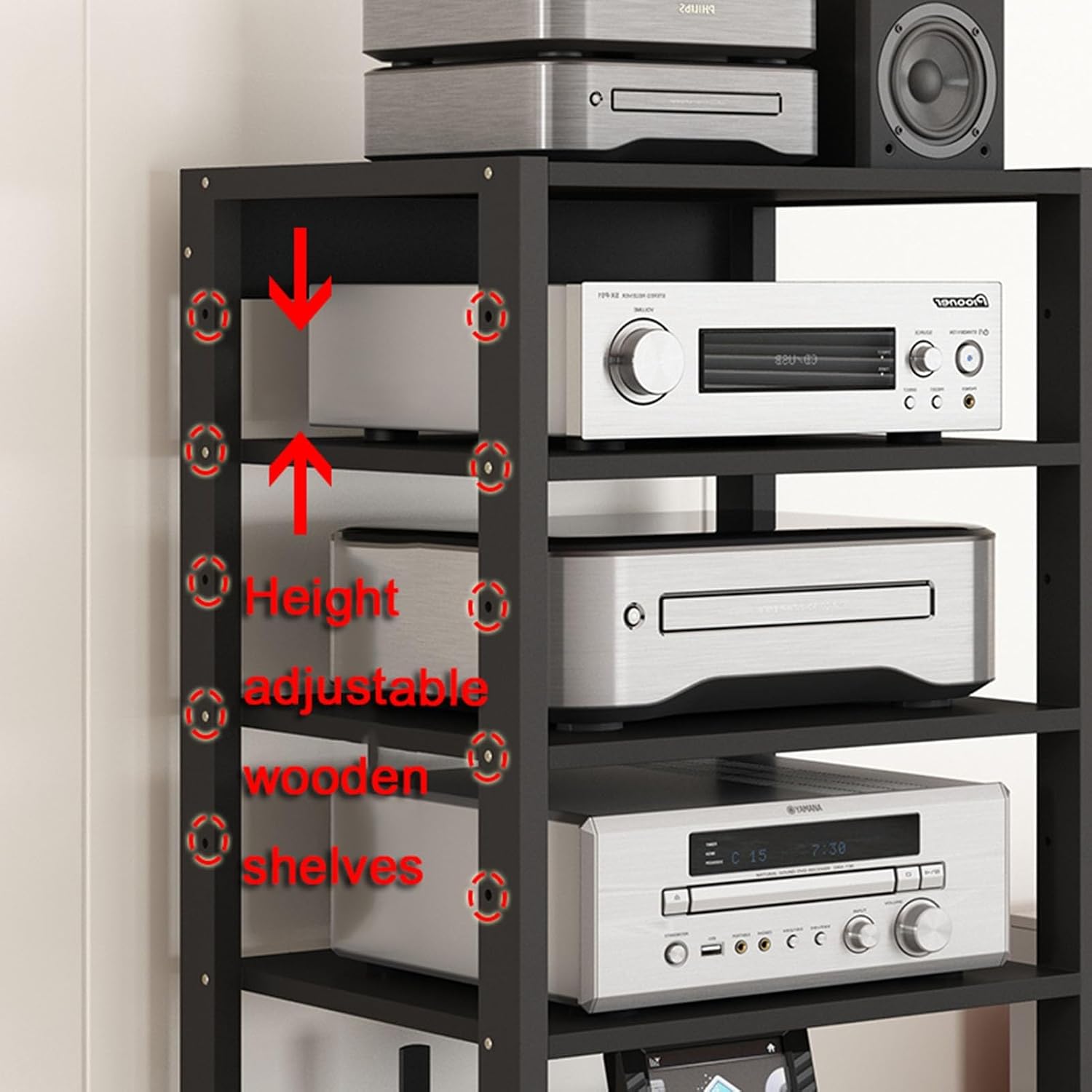 SOBS 5/6/7-Tier AV Media Stand Audio Rack CD Player Stand Stereo Component Storage Cabinet with Height Adjustable Wooden Shelf for Home/Office/Theater, 50x40x131cm (Color : 6 Tier)