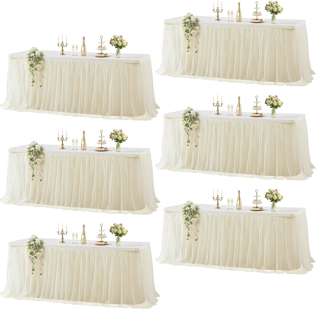 Wish Care 6 Pack Light Champagne Tulle Tablecloth for 6 Foot Rectangle Tables Ruffle Stretch Fitted Table Cloth Tutu Skirt Wrinkle Free Table Cover for Party Wedding Birthday Banquet Cake Tables Decor