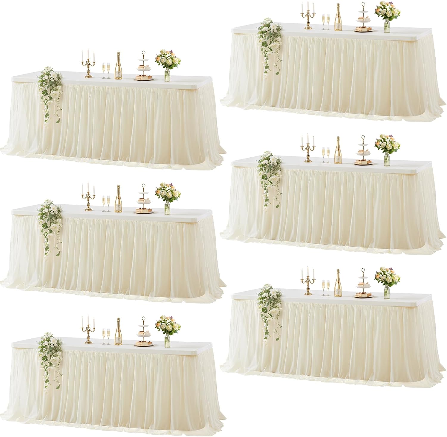 Wish Care 6 Pack Light Champagne Tulle Tablecloth for 6 Foot Rectangle Tables Ruffle Stretch Fitted Table Cloth Tutu Skirt Wrinkle Free Table Cover for Party Wedding Birthday Banquet Cake Tables Decor