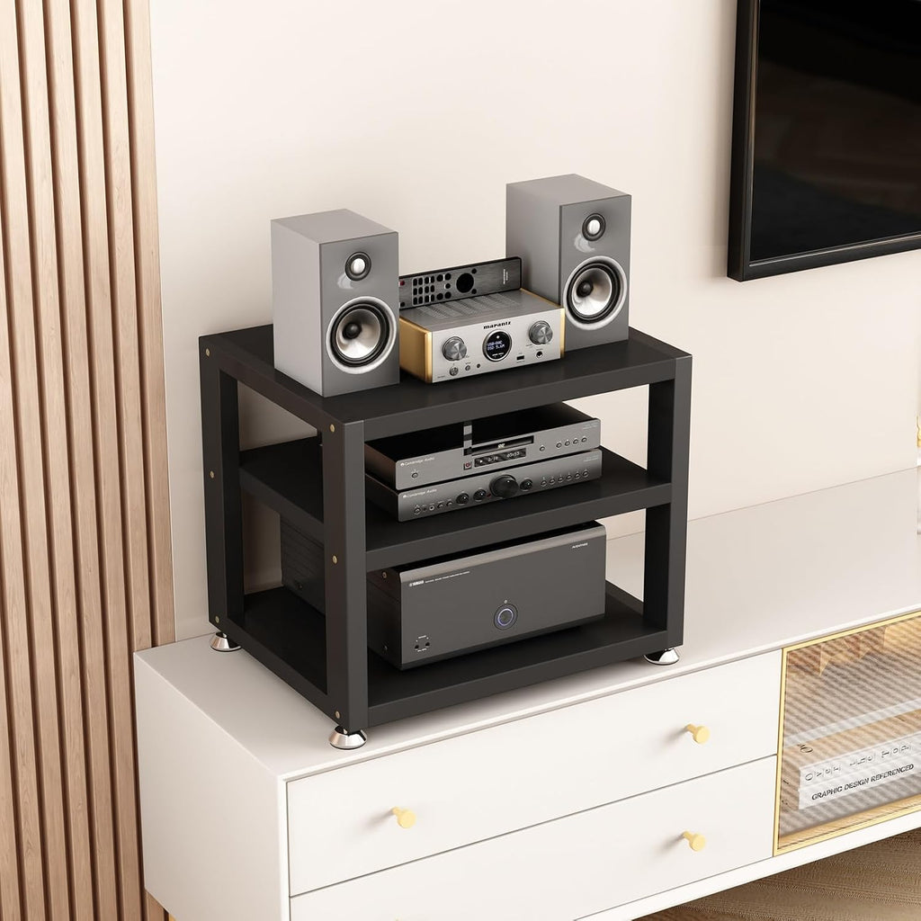 Audio Rack AV Media Stand Wooden Record Player Stand Equipment Console Shelf, for Entertainment Stereo Racks Component Storage and Collection Display(Black,35.5cm/14in)
