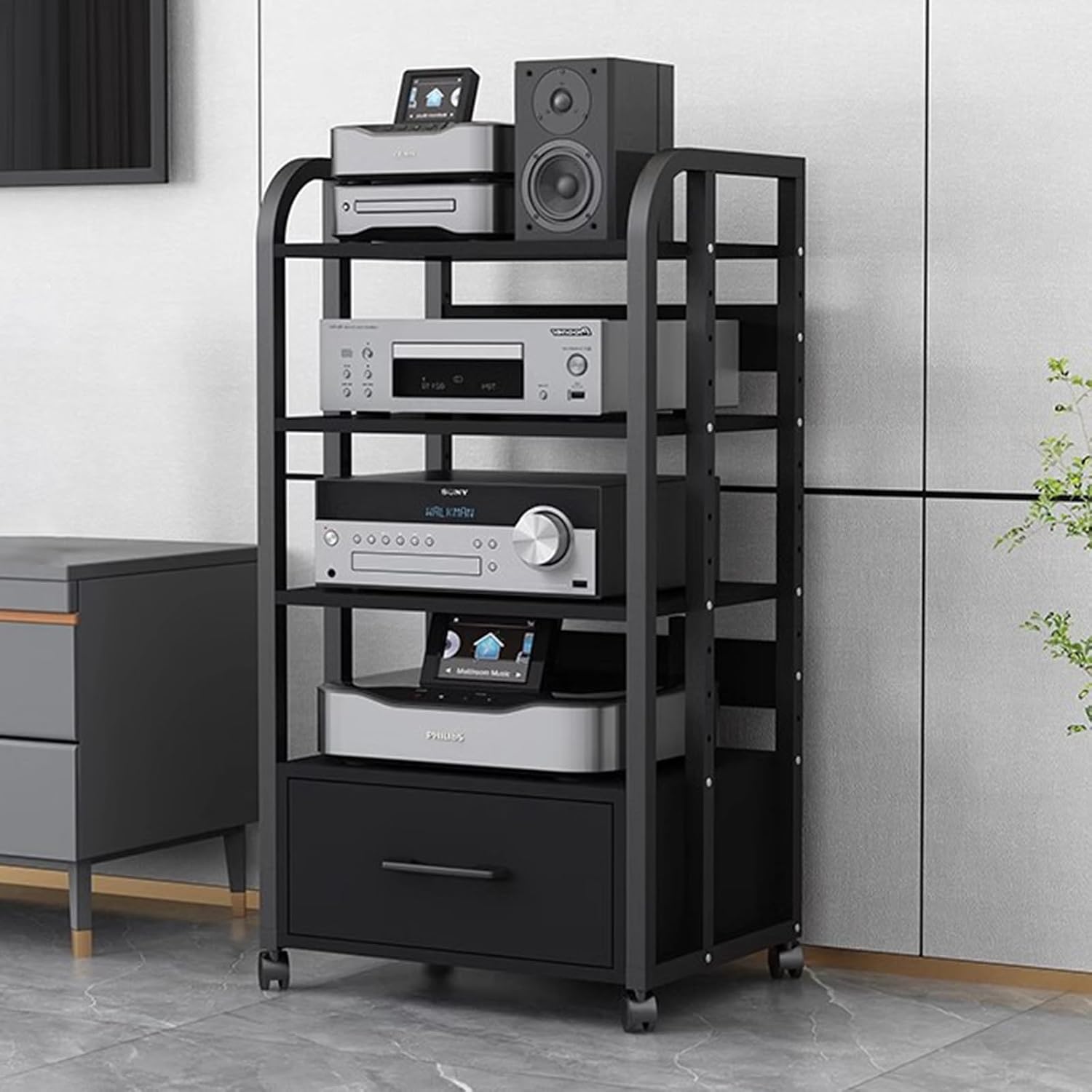 WDJBPSH Mobile Audio Media Rack on Wheels, Portable Video Entertainment Equipment Storage Holder with Height-Adjustable Shelf, Office Bedroom Living Room Organizer(Size:4 Tier/H 100cm - with Drawer)