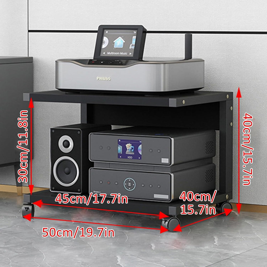 Modern Audio-Video Media Stand with Wheels - 2-Tier Corner Shelf Cabinet, Height Adjustable Wooden Shelves, Stereo Racks & Storage - Deep Black, 50x40 cm.