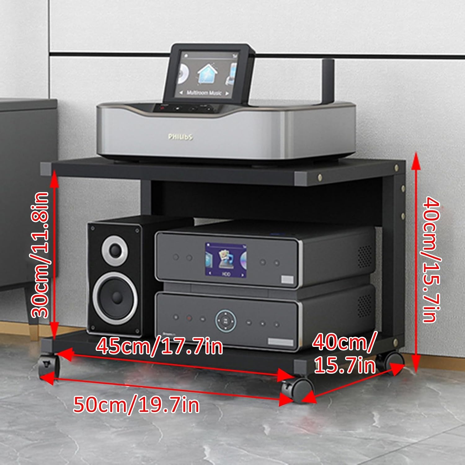 Modern Audio-Video Media Stand with Wheels - 2-Tier Corner Shelf Cabinet, Height Adjustable Wooden Shelves, Stereo Racks & Storage - Deep Black, 50x40 cm.