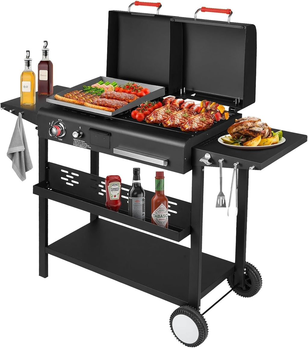 Propane and Charcoal Grill Combo, Gas Griddle Grill Combo Two Fuel BBQ Grills with Long Silicone Non-Slip Grill Gloves, Dual Fuel Lids and Side Shelves