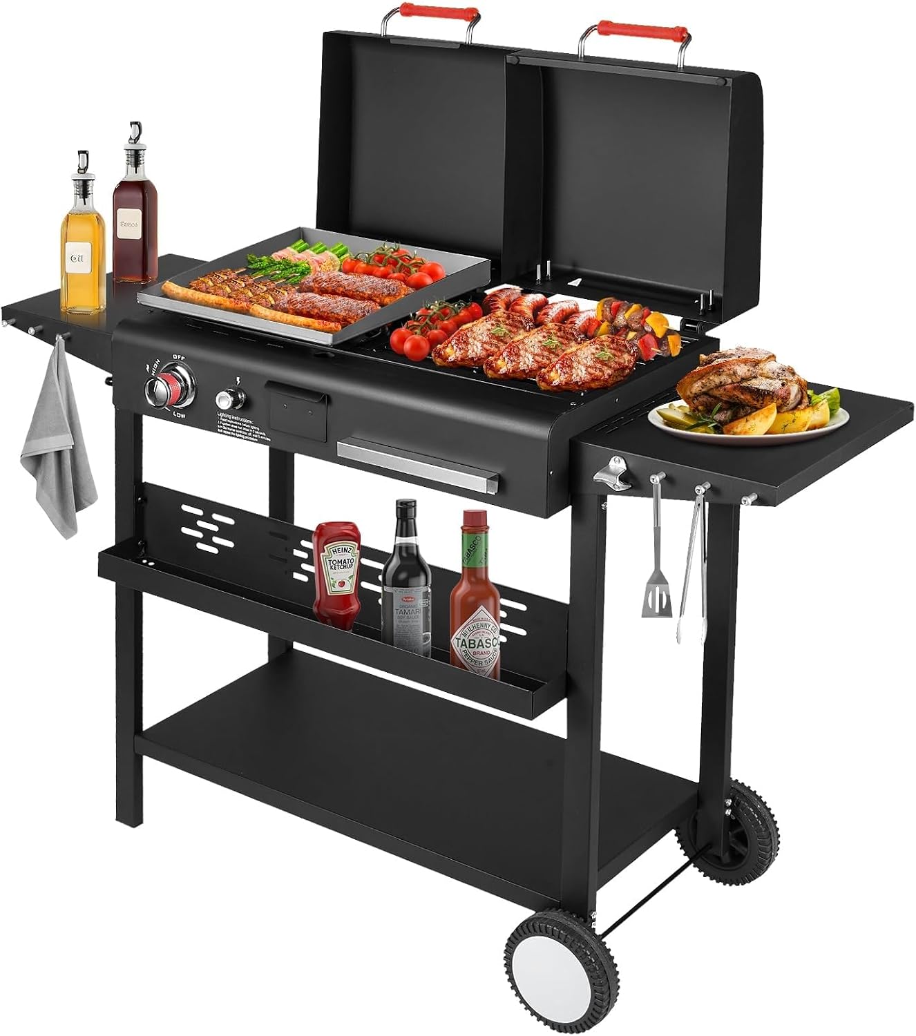 Propane and Charcoal Grill Combo, Gas Griddle Grill Combo Two Fuel BBQ Grills with Long Silicone Non-Slip Grill Gloves, Dual Fuel Lids and Side Shelves