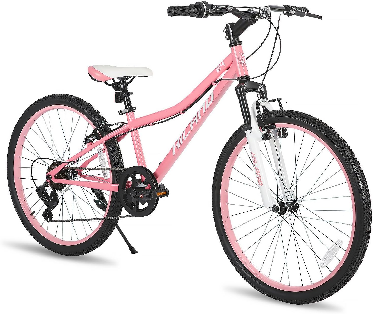 HILAND 24 Inch Kids Bike for Boy Girl Age 7-15 Year Old, Youth Mountain Bike, 7-Speed Kid's MTB Bicycles, Pink