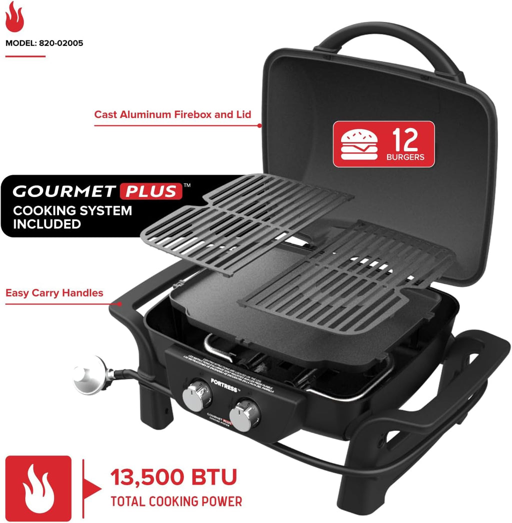 Nexgrill Fortess 2-Burner Portable Gas Grill & Griddle Combo with 263 SQ In Cooking Space, Easy Lift Handles, 13,500 BTU, 2-in-1 Small Tabletop Grill for Camping, Outdoor Cooking, and More - 820-02005