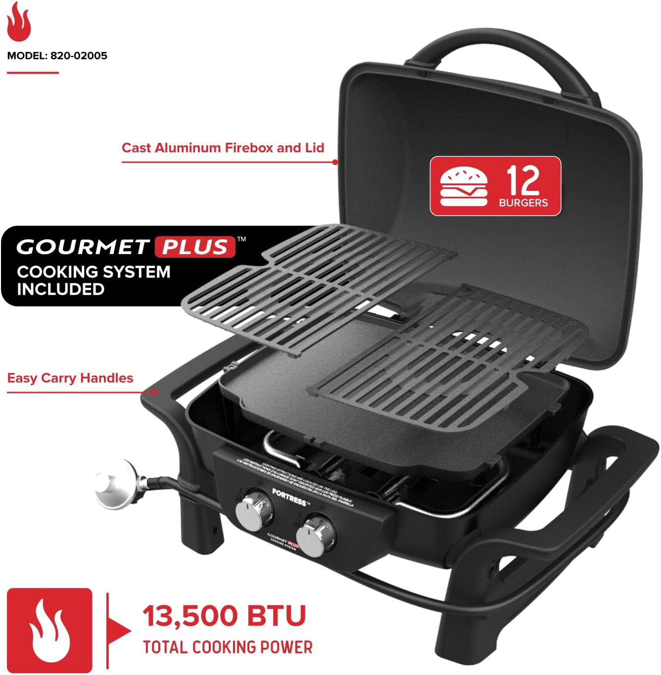 Nexgrill Fortess 2-Burner Portable Gas Grill & Griddle Combo with 263 SQ In Cooking Space, Easy Lift Handles, 13,500 BTU, 2-in-1 Small Tabletop Grill for Camping, Outdoor Cooking, and More - 820-02005