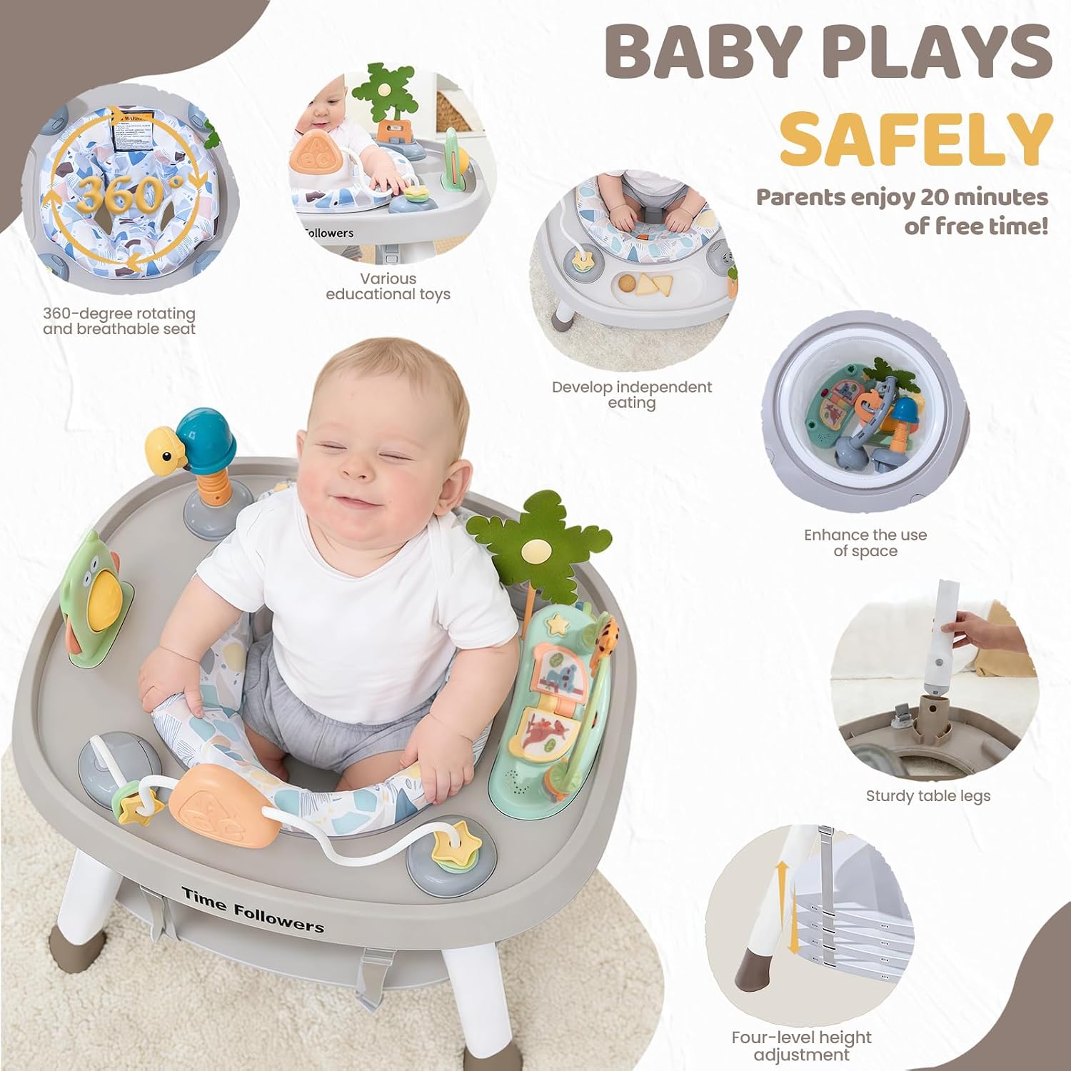 Time Followers® 6-in-1 Baby Activity Center | 4 Stage Montessori-Inspired Toys | Grow Stationary Standing Toddler Table | Jumpers & Bouncers | Must Have for Boy & Girl 6, 12, 24+ Month Old (Beige)