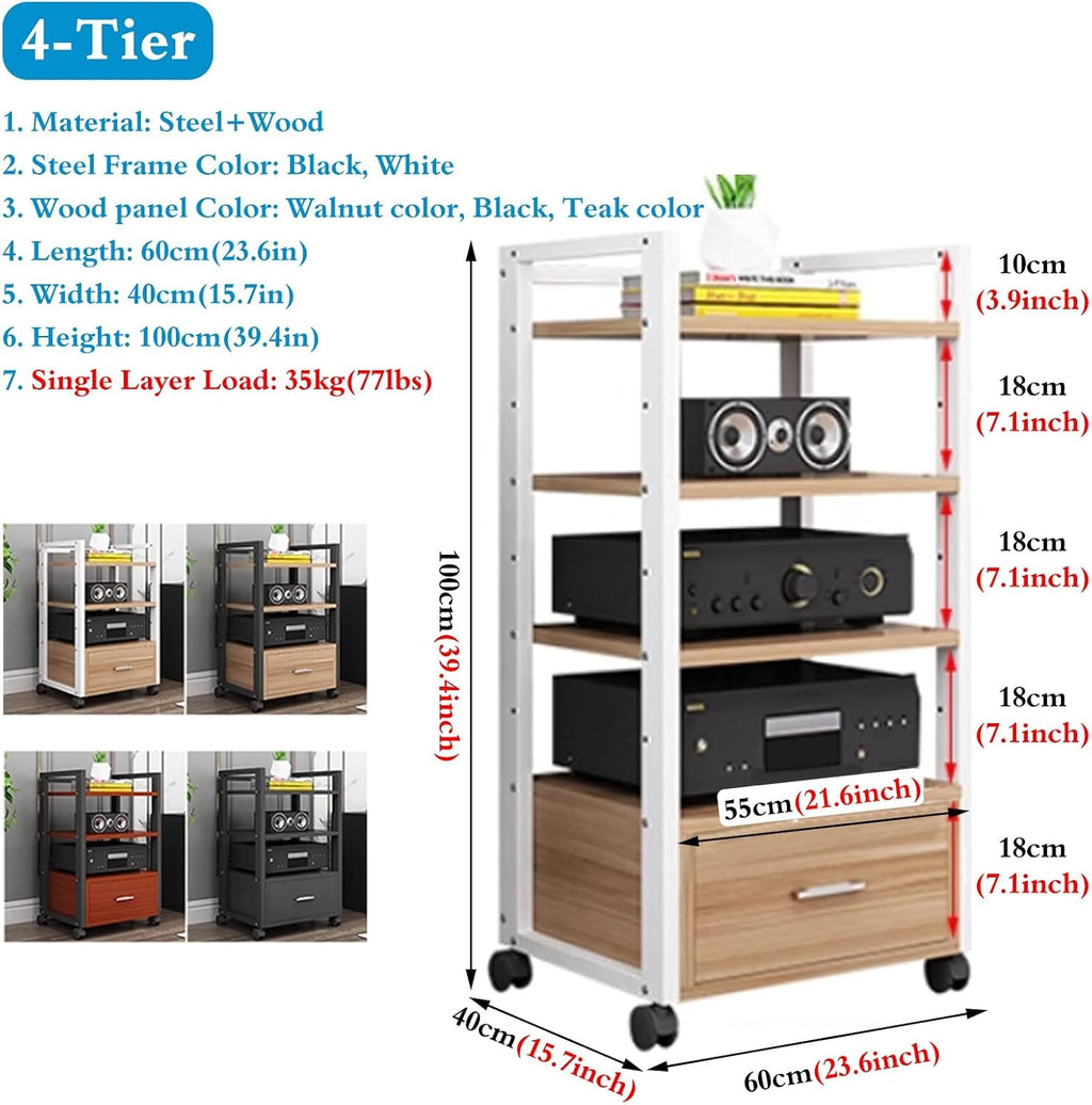 1m Tall Mobile Audio Rack Shelf, Amplifier Holder Cabinet for Recording Room/Home Cinema Media Equipment Storage, Multiple Shelf Entertainment Stand - Black White(Deep Coffee,4 Tier)
