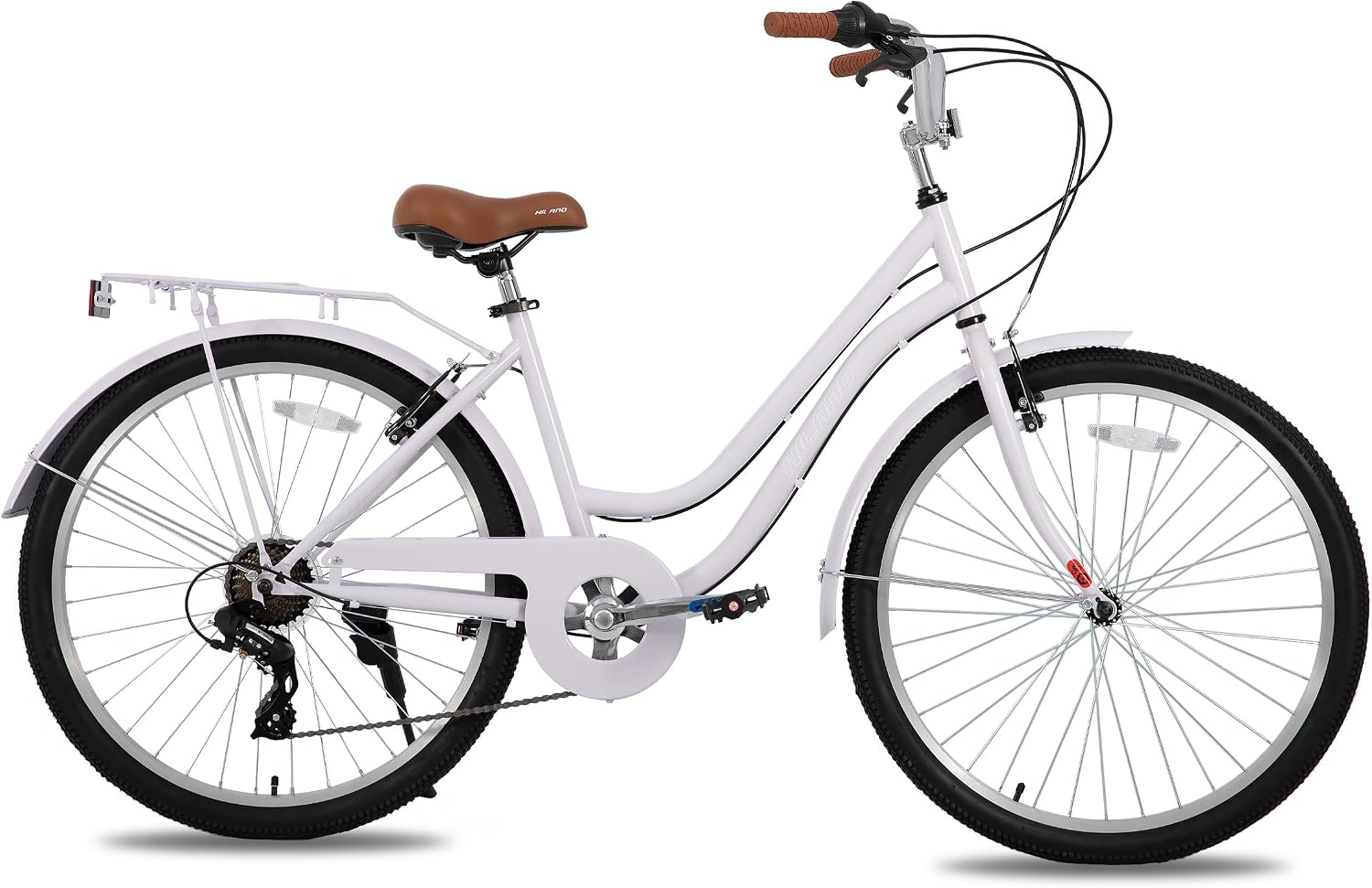 HILAND 26 inch Beach Cruiser Bike for Men and Women, 7 Speed Step-Through Frame Adult Bicycle with Rear Rack, Retro Bike Commuter City Bicycle