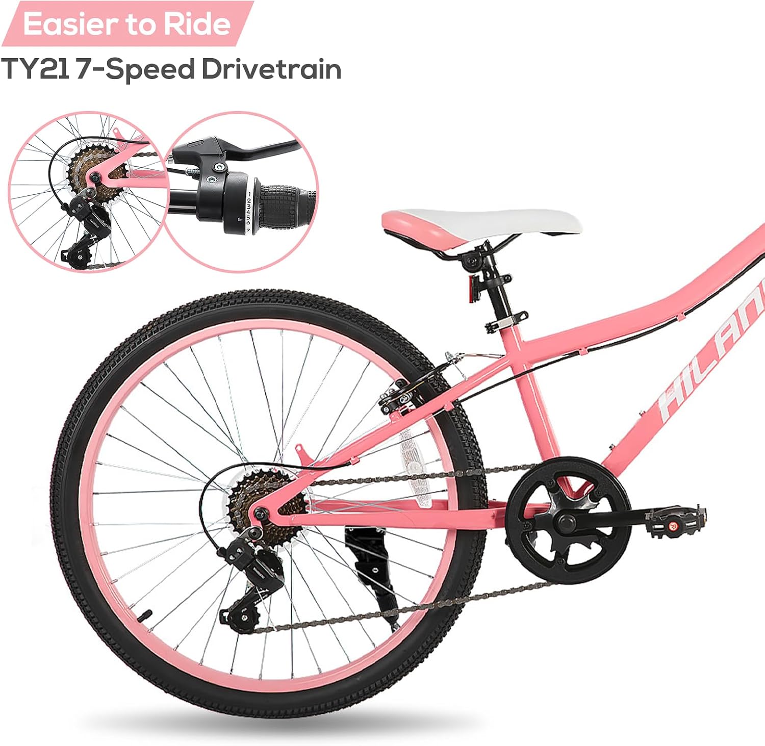 HILAND 24 Inch Kids Bike for Boy Girl Age 7-15 Year Old, Youth Mountain Bike, 7-Speed Kid's MTB Bicycles, Pink