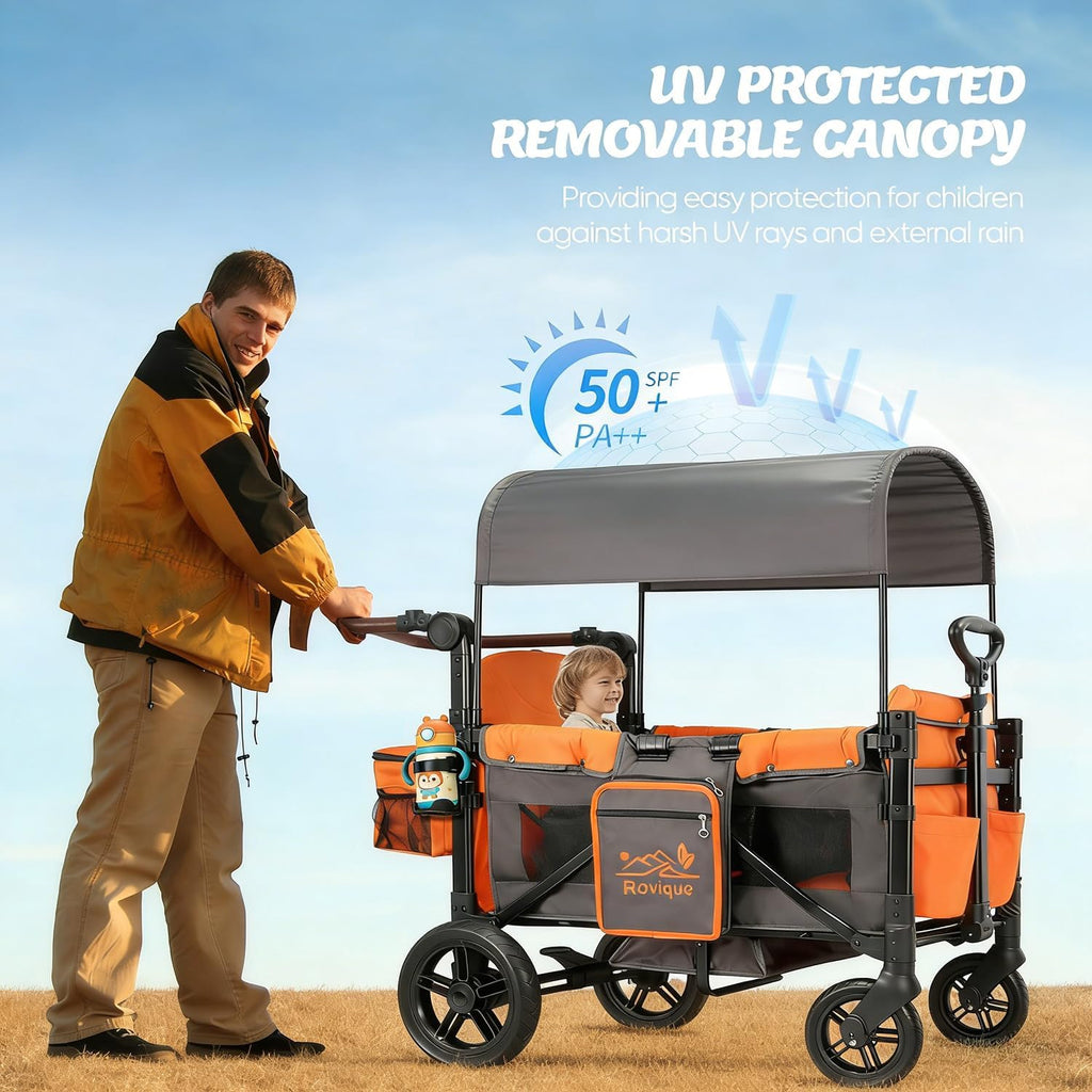 Rovique Wagon Stroller for 2 Kids, Convertible Baby Wagon with Bassinet Mode, Removable Canopy, Snack Tray, 5-Point Harness, All-Terrain PU Wheels, Adjustable Push Pull Handle (Orange)