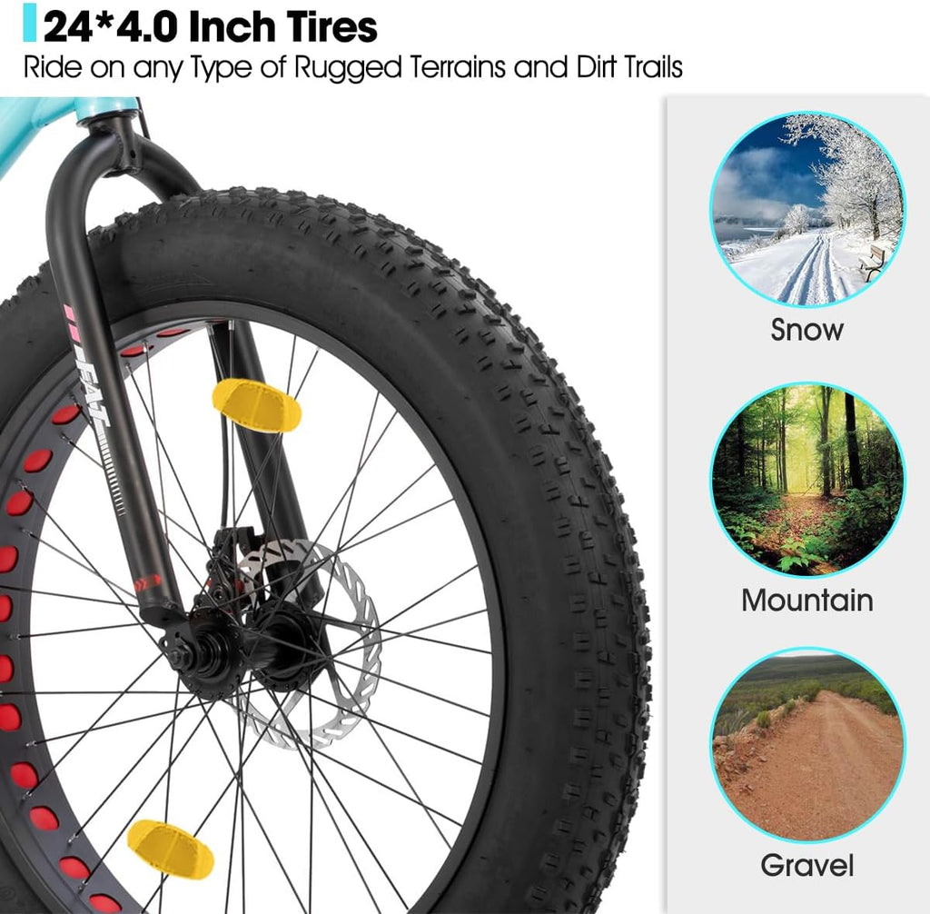 HILAND 24 26 Inch Fat Tire Mountain Bike for Men and Women, High Carbon Steel Frame Beach and Snow Wide Tire Adult Bicycle, 7-Speed and Dual-Disc Brake MTB