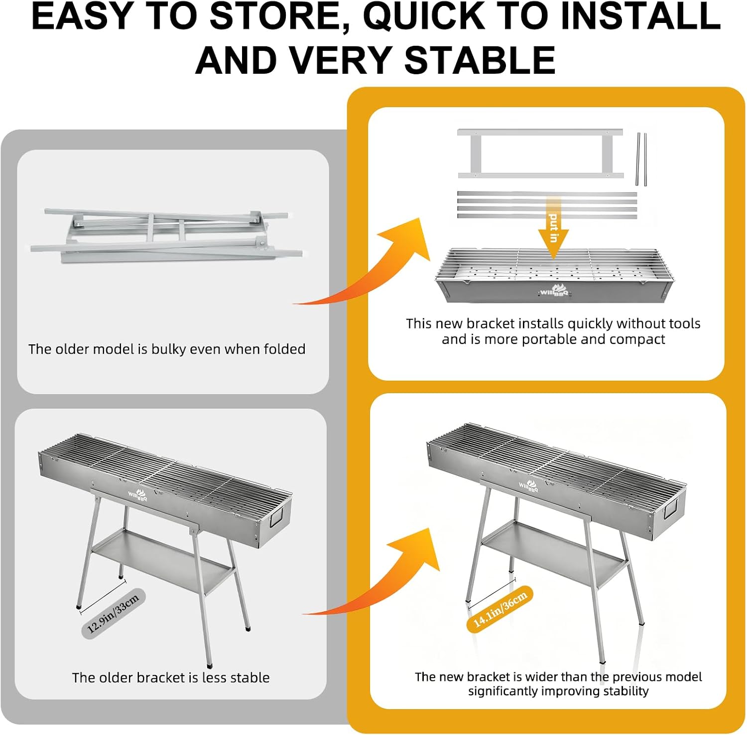 WILLBBQ Charcoal Grill Tailgate Parties, Patio, Beach Barbecues, Backyard Gatherings,Alloy Steel BBQ Barbecue Outdoor Grilling with Durable Support Frame and Dual Adjustable Vents (39.4x10.3x5.1 inch)