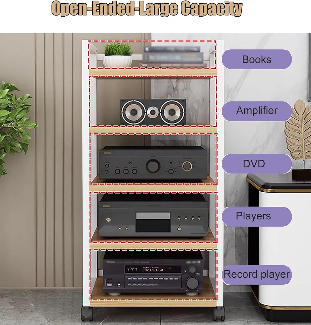 Audio Component Rack Media Stereo Stand Equipment Shelf 3 4 5 Tier, Free Standing Heavy Duty Media Storage Stands on Wheels, Commercial Home (Color : White-#2, Size : 5 Layer) (White #2)