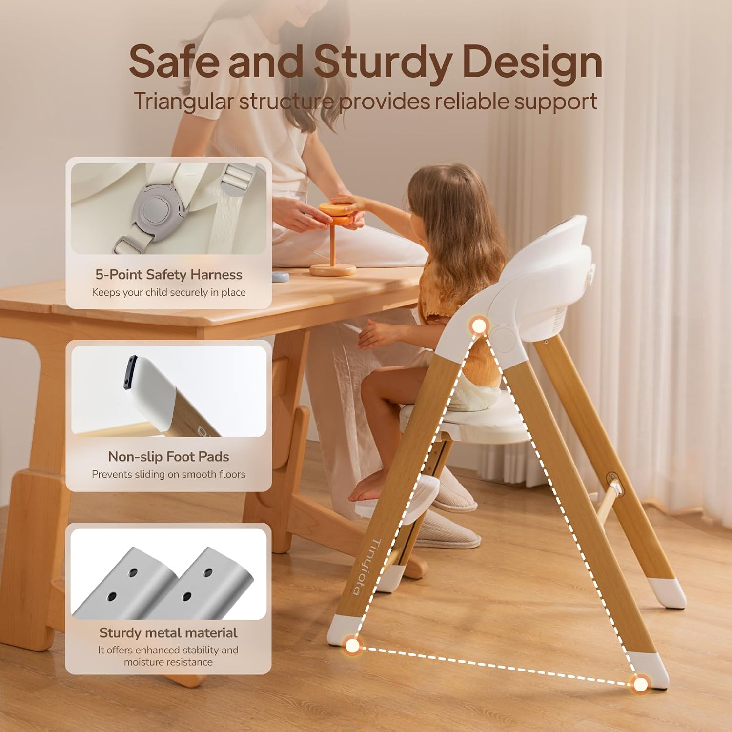 Tinyiota High Chair for Babies and Toddlers, Foldable & 8-Level Adjustable, One-Handed Removable Tray, Ergonomic Baby Highchair Convertible into Desk Chair for Toddler to Adult (Wood Color)
