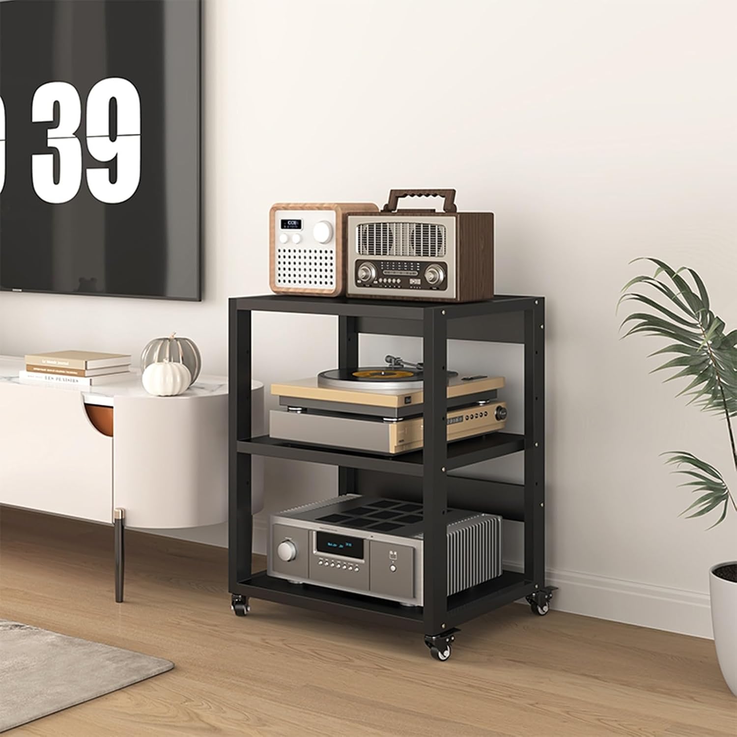 5-Tier Audio/Video Media Stand with Mobile Wheels - Multifunctional Component Cabinet for DVD/CD Players, Amplifier Rack, Stereo Tower - Home Office Storage Shelf (3-Tier 55x50x69.5cm)