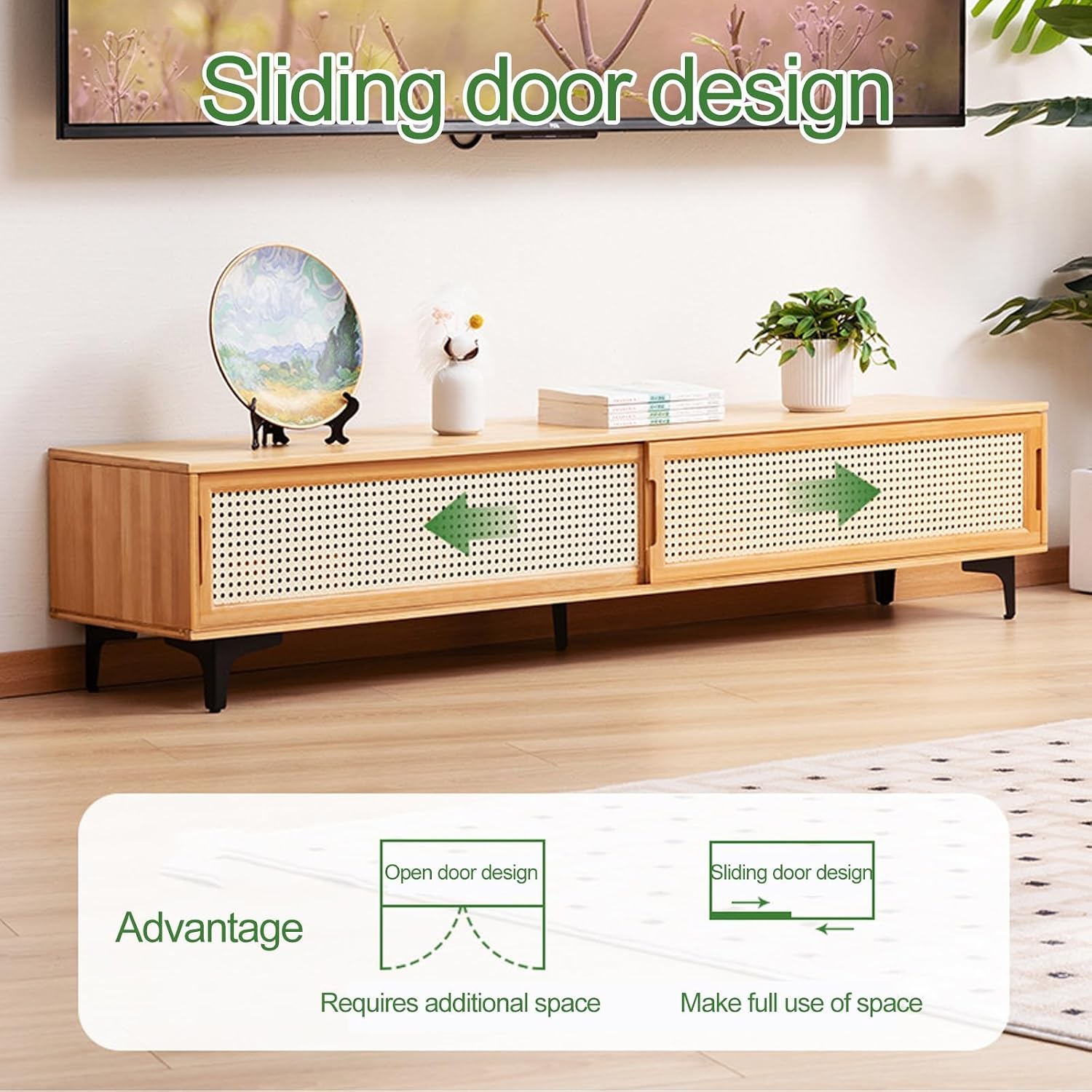 Bamboo TV Stand with Sliding Door, Storage Low Cabinet, Home Audio and Video Entertainment Equipment Control Center, for 32-65 Inch TVs (Color : Natural, Size : 160CM/63IN_Two Doors)