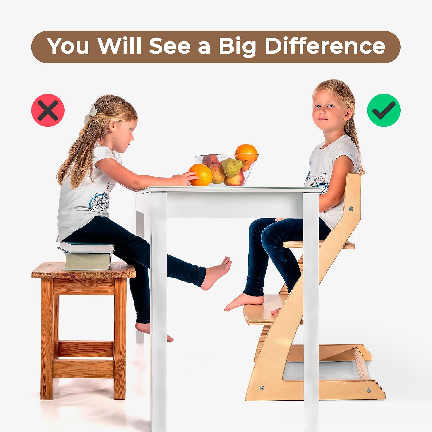 FORNEL Scandinavian Wooden High Chair for Toddlers & Kids | Adjustable Grow-with-Me Montessori Seat for Dining Table | Natural Wood Finish Convertible Highchair