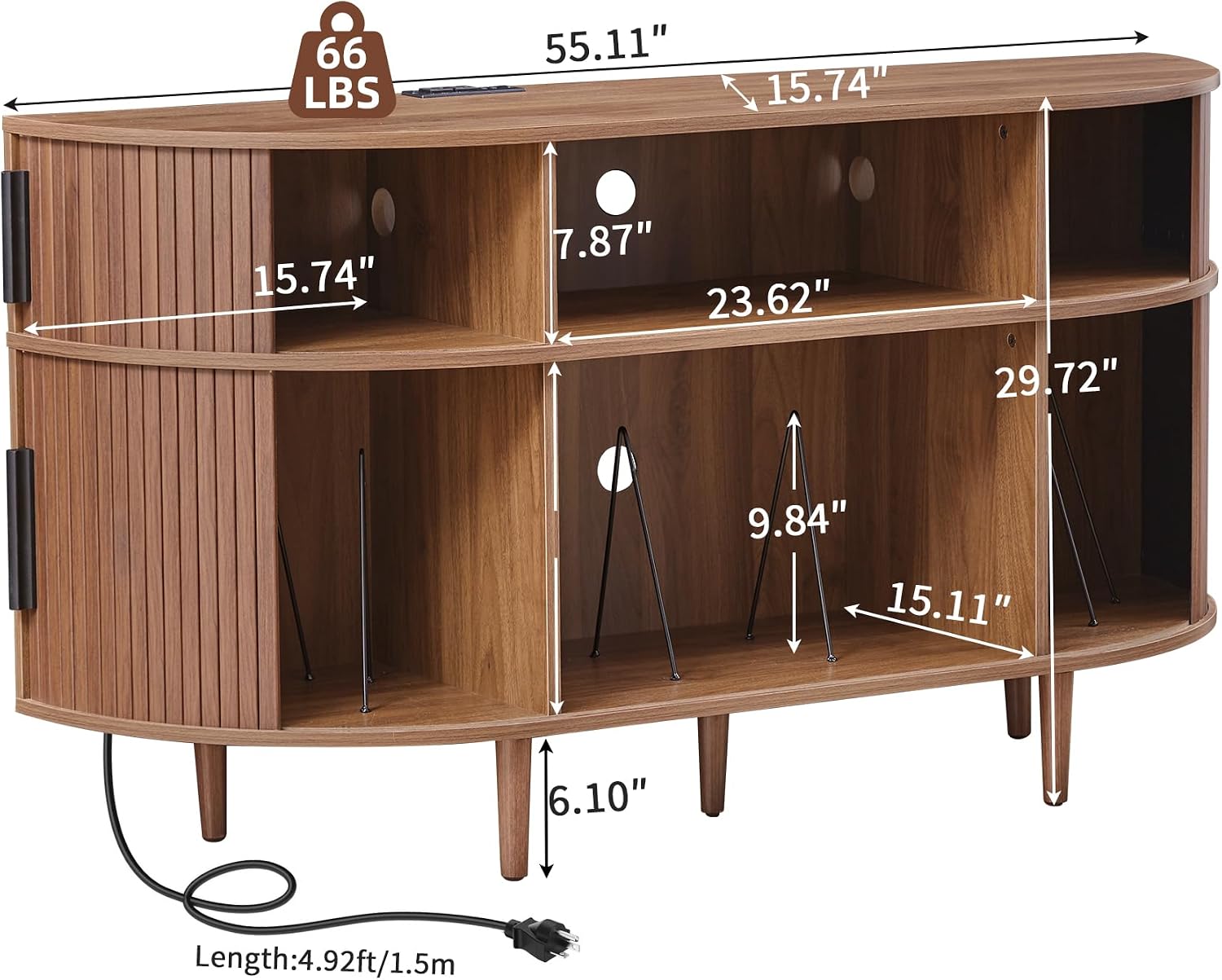 Large Record Player Stand, 55'' Wood Vinyl Record Storage Cabinet with Charging Station & USB Ports, Curved Turntable Table Open Shelf Holder Up to 300 Albums for Living Room(Walnut)