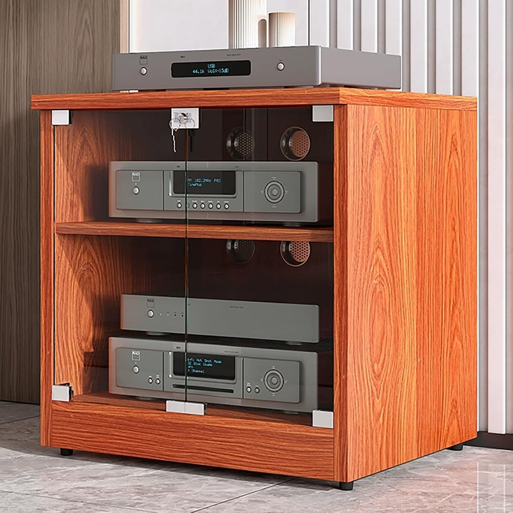 Modern Stereo Cabinet with Glass Doors, 2-Tier Media Stand, Adjustable Shelves, Audio Rack for AV Storage, Brown Wood TV Stand with Cable Management (120x48x37cm)