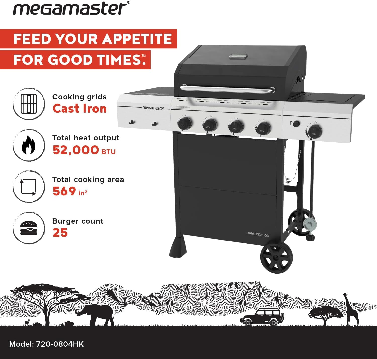 Megamaster 4-Burner Gas Grill with Side Burner & Grill Cover, 52,000 BTUs, 568 SQ. In. Cooking Area, Propane BBQ Grill with Stainless Steel Panel for Outdoor Cooking, Patios, and More - 720-0804HK