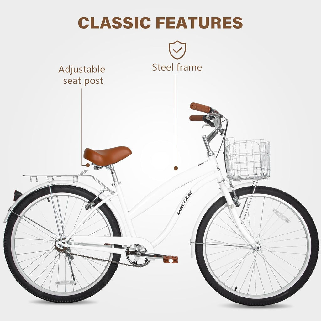 WEIZE Beach Cruiser Bike, 24 & 26 inch Commuter Bicycle for Adult Men and Women,High-Carbon Steel/Front & Rear Fenders, Comfortable City Bikes with Rear Rack or Basket, Ergonomic Upright Design