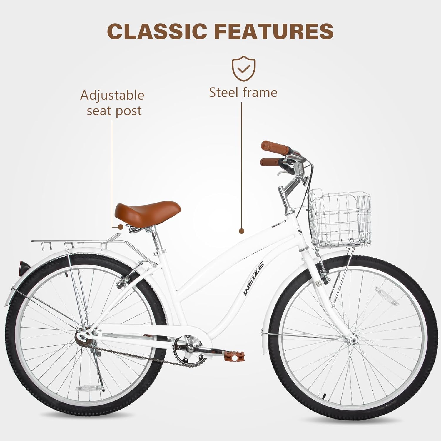 WEIZE Beach Cruiser Bike, 24 & 26 inch Commuter Bicycle for Adult Men and Women,High-Carbon Steel/Front & Rear Fenders, Comfortable City Bikes with Rear Rack or Basket, Ergonomic Upright Design