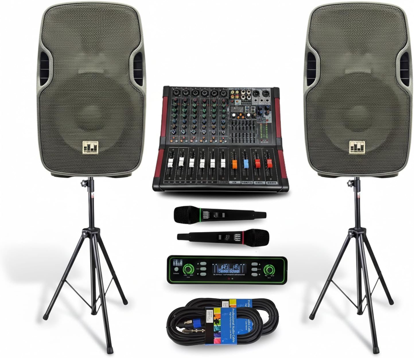 MUSYSIC Portable PA System with Wireless UHF Microphone, 15' 2000W Passive PA Speakers, Party, DJ Speakers, 6 Channel Audio Mixer, 1200W Speaker with Wireless Microphone, Complete Kit w/Stands
