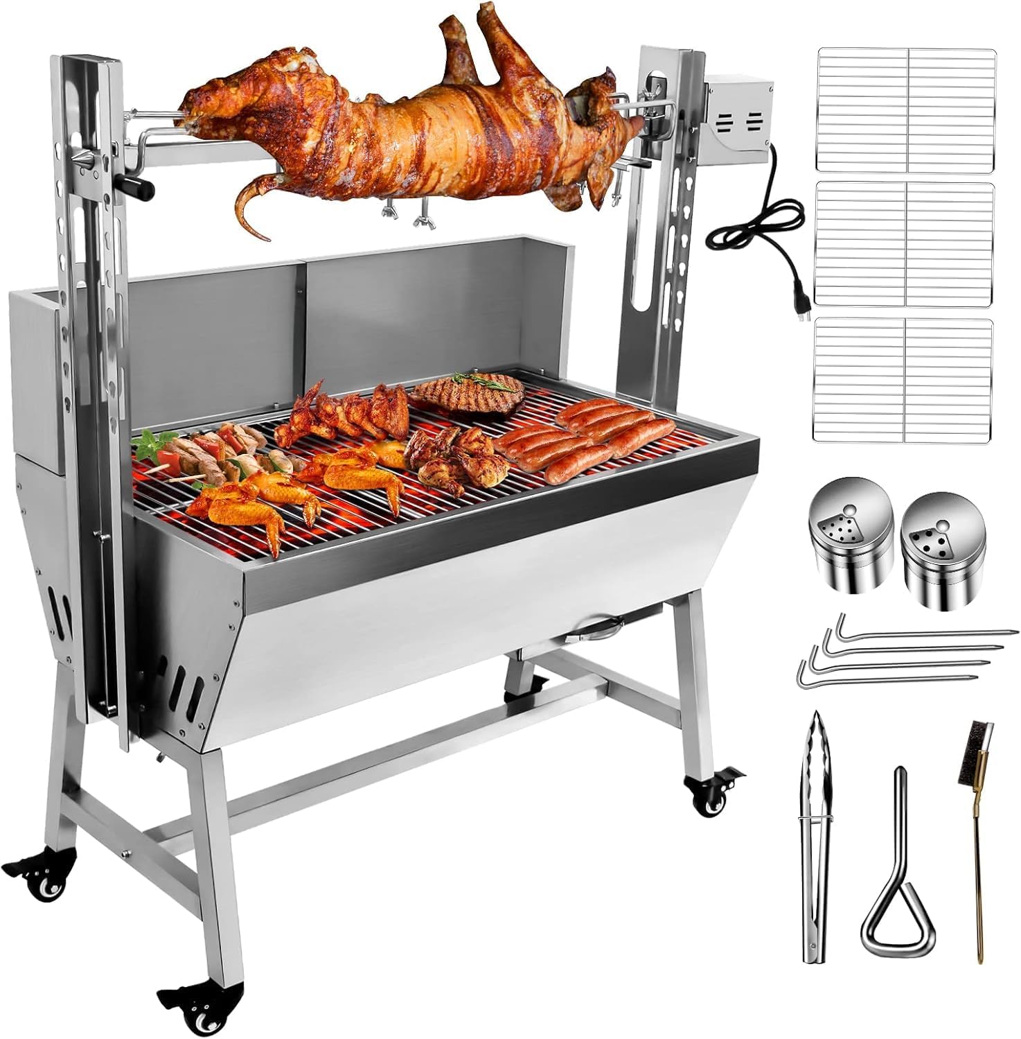 Stainless Steel Rotisserie Grill with Back Cover Guard, 25W Motor Small Pig Lamb 37 Inch BBQ Charcoal Rotisserie Roaster Grill for Camping Outdoor Kitchen, 132LBS Capacity