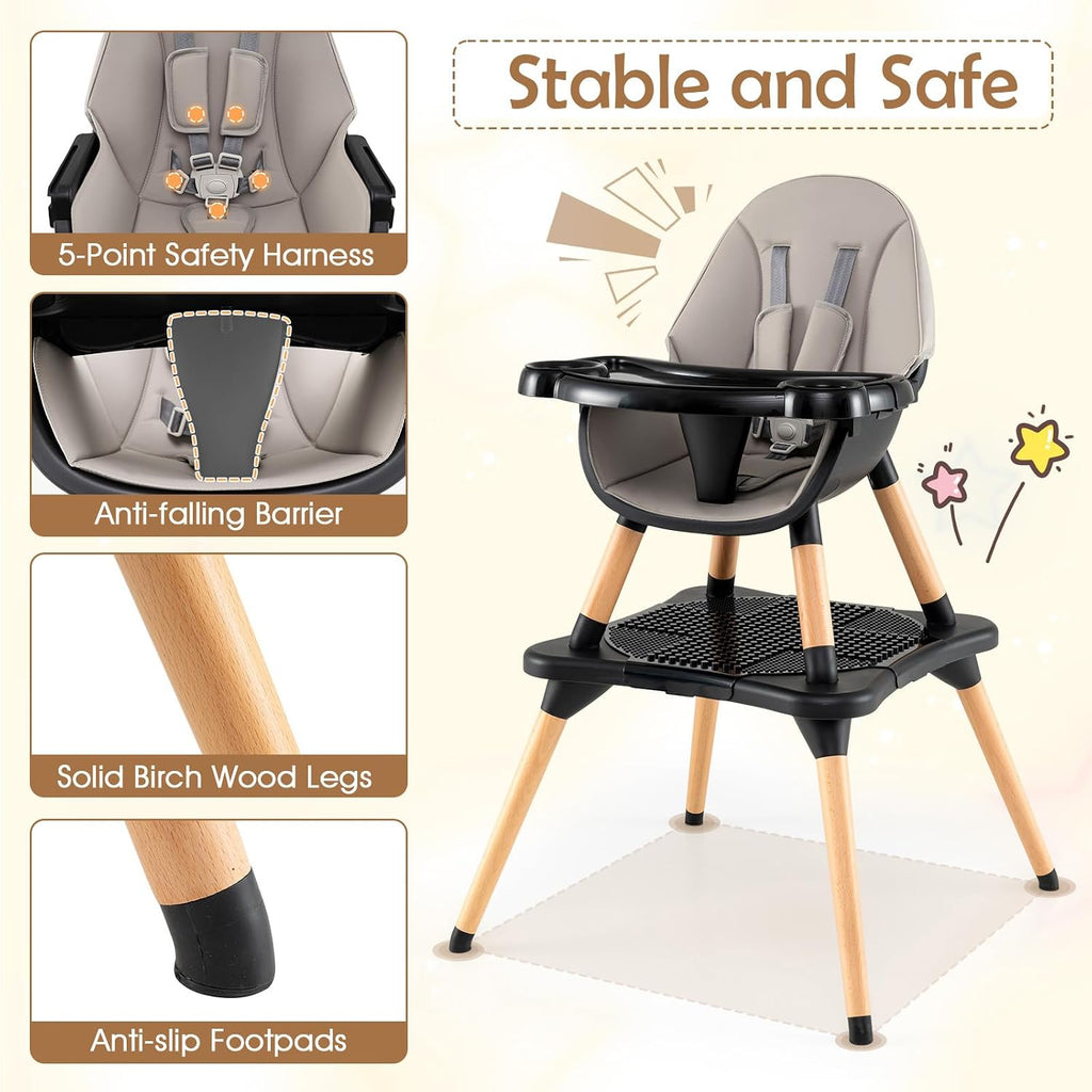 GLACER High Chair, 6-in-1 Convertible Wooden High Chairs for Babies and Toddlers w/Building Block Table, 5-Point Safety Harness, Removable Tray, PU Cushioned Baby High Chair for 6-36 Months (Black)