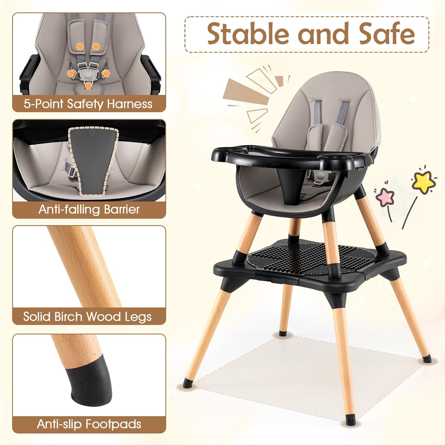 GLACER High Chair, 6-in-1 Convertible Wooden High Chairs for Babies and Toddlers w/Building Block Table, 5-Point Safety Harness, Removable Tray, PU Cushioned Baby High Chair for 6-36 Months (Black)
