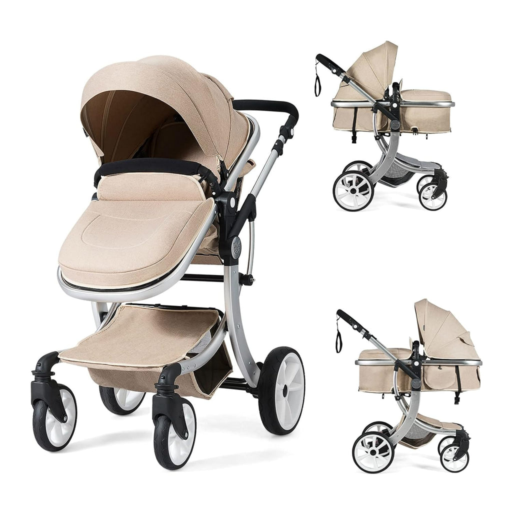 HONEY JOY Baby Stroller, High Landscape Convertible Infant Bassinet, Adjustable Canopy & Backrest, Storage Basket, Foot Cover, Foldable Newborn Carriage Pram (Beige)