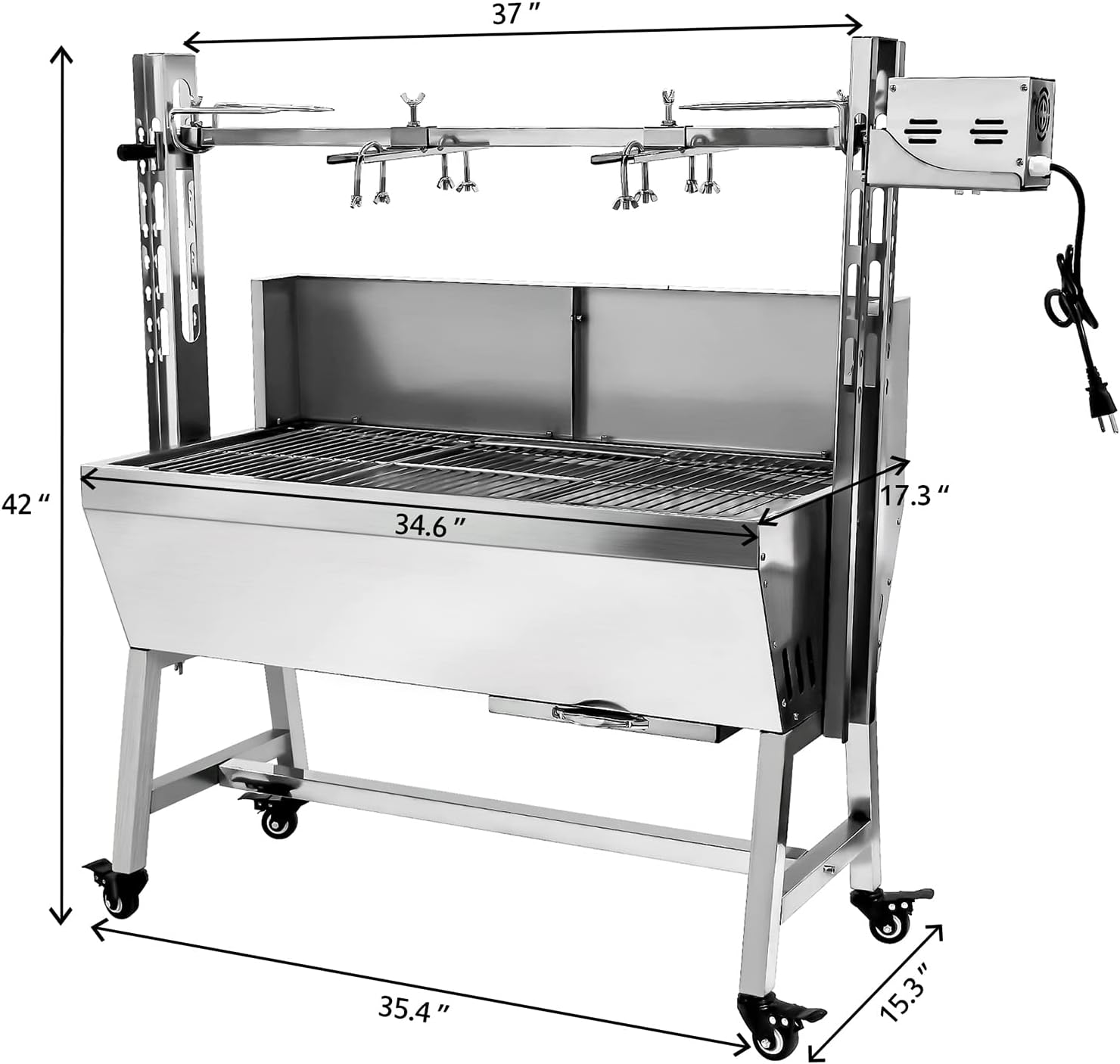 Rotisserie Grill Charcoal Spit Roaster, Stainless Steel 37' Pig Lamb Hooded Roaster Charcoal Spit With 25W Motor & Adjustable Height Lockable Casters For Party Barbecue,132 LBS With Baffle