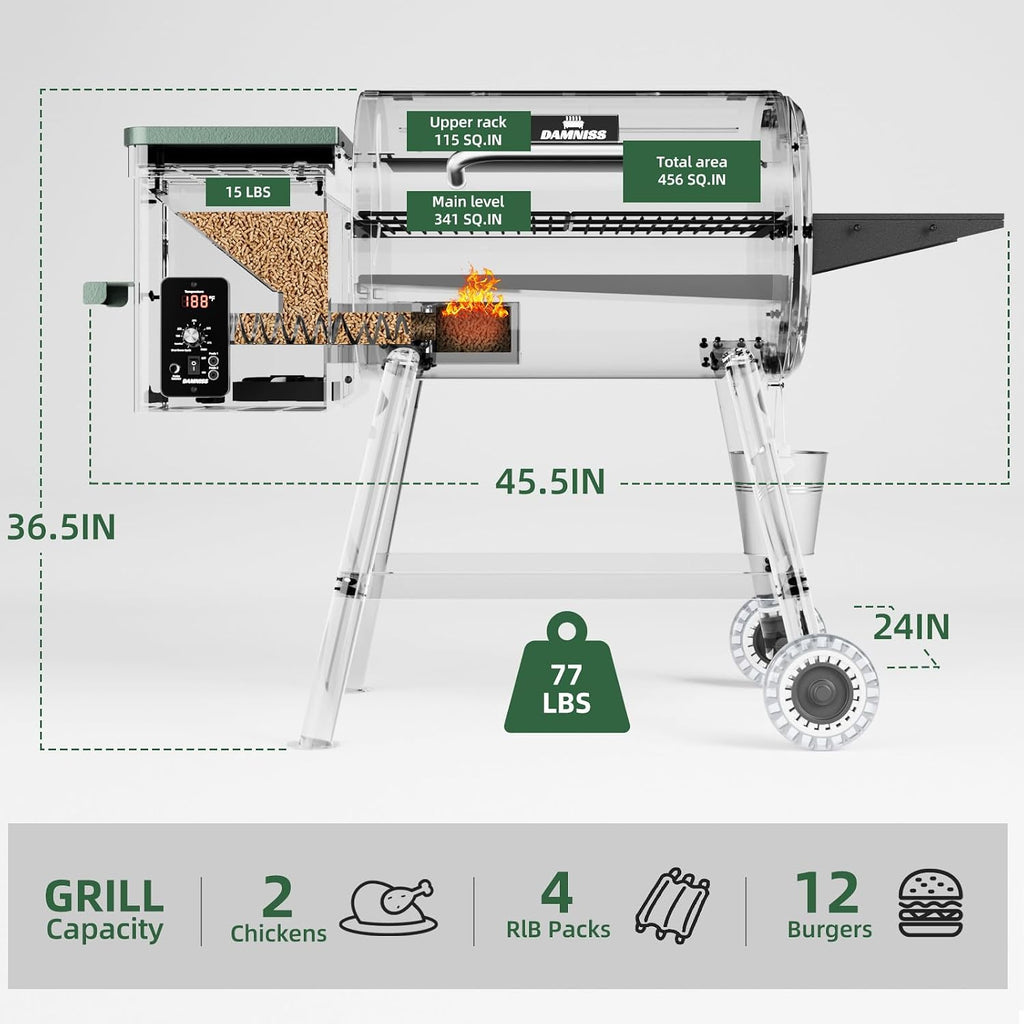 DAMNISS Pellet Grill Smoker 8 In 1 Outdoor Wood Electric Pellet BBQ Grill With PID Temperature Control And Meat Probe 456 Sq.In Removable Cooking Area Easy Clean