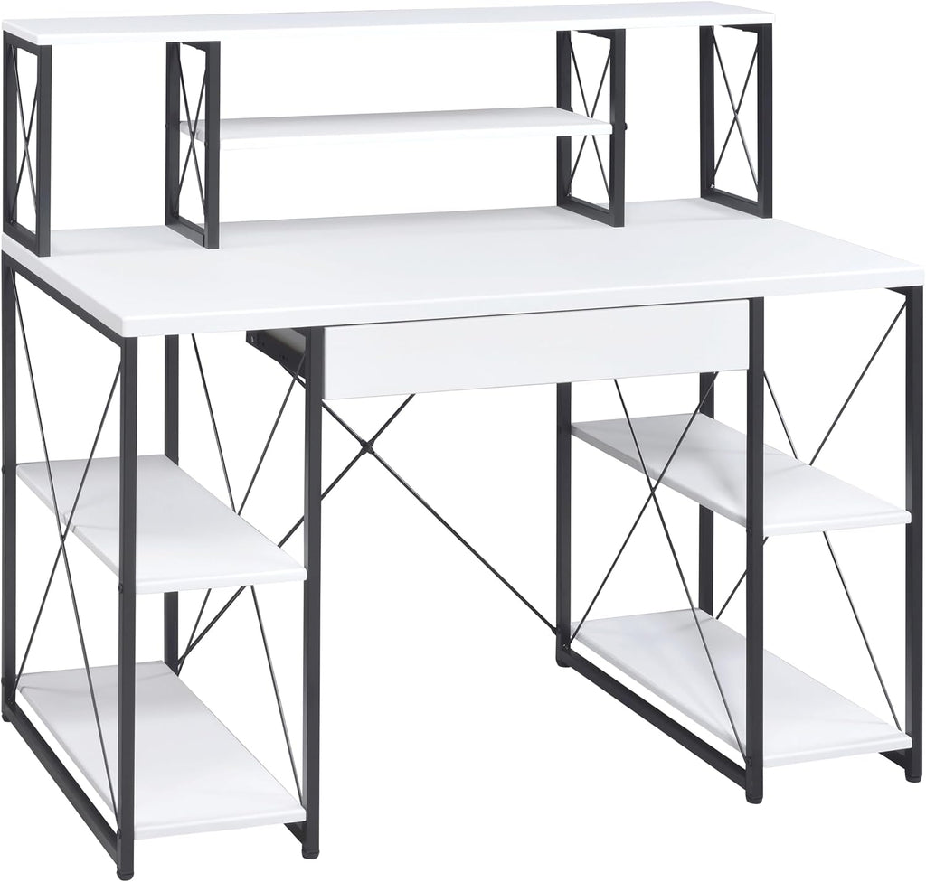 AMNOOL Office Desk with Open Shelves - Stylish Wood Recording Studio Workstation with Drawer and Compartments for Audio Equipment, Cables, and Accessories (White+Black)