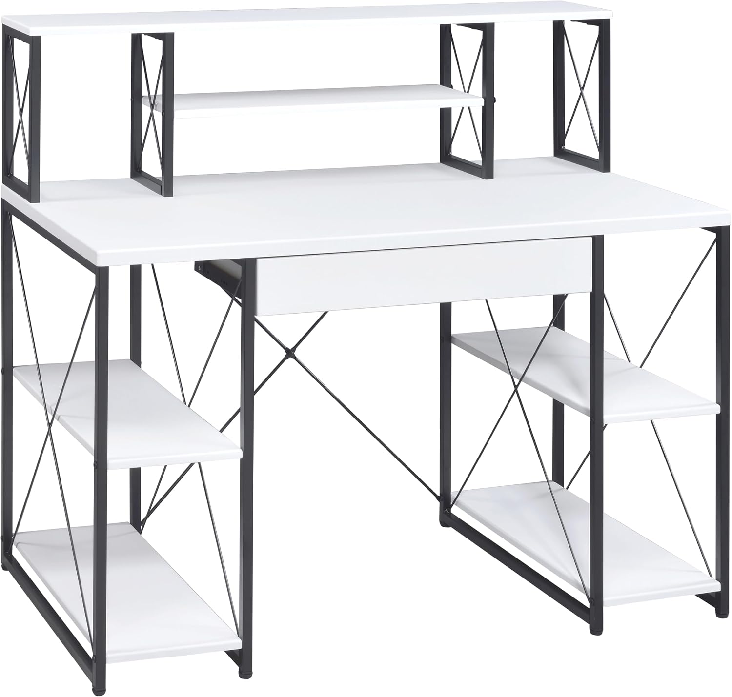 AMNOOL Office Desk with Open Shelves - Stylish Wood Recording Studio Workstation with Drawer and Compartments for Audio Equipment, Cables, and Accessories (White+Black)