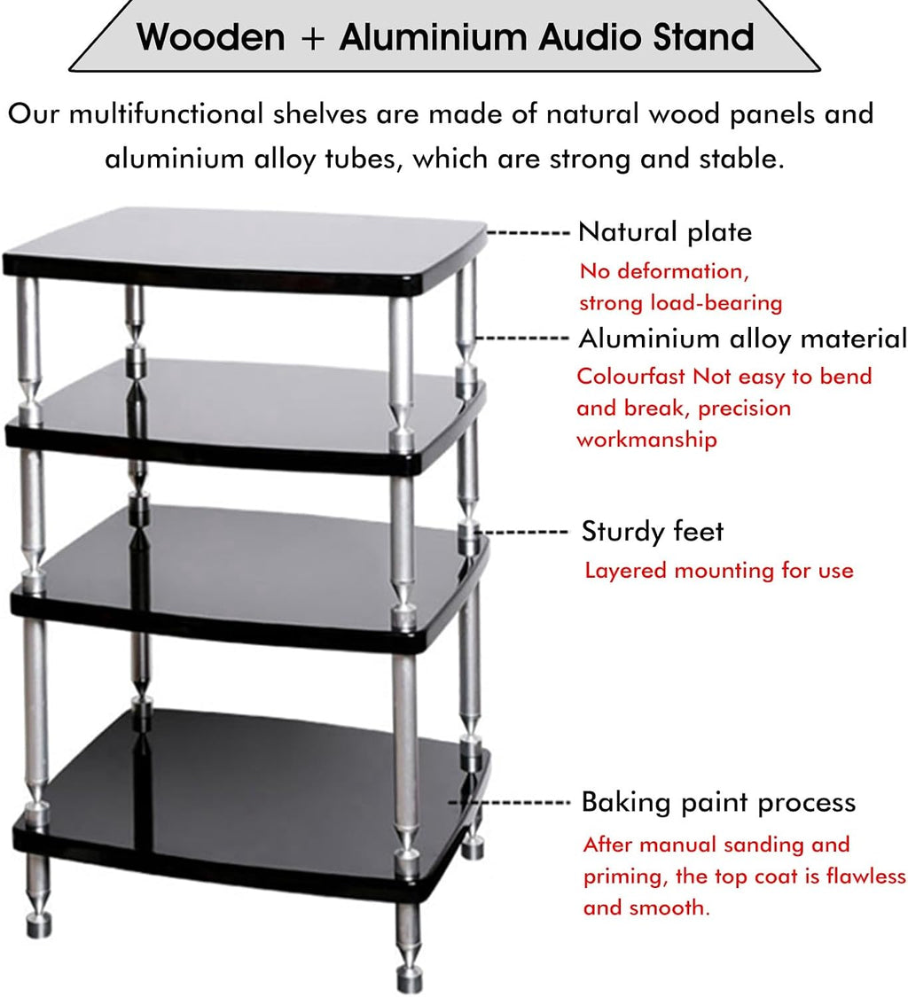 SRNSAEB 1/2/ 3/4 Tier Audio Equipment Rack Cabinet, Heavy Duty DVD Media Stand Black with Fitting, Standing Video Game Console Shelf Organizer for Game Consoles/Projector(4-Layer)