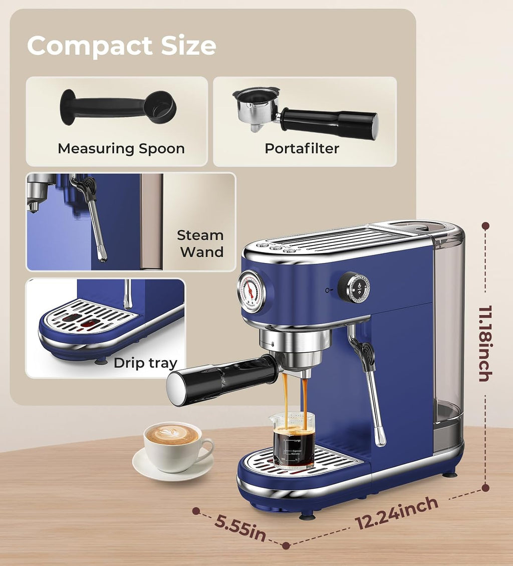 atatix 20 Bar Espresso Machine with Milk Frother, Compact Espresso Maker, Stainless Steel Coffee Machine with Precise Temp Control & 44oz Removable Water Tank for Latte, Cappuccino, Dark Blue
