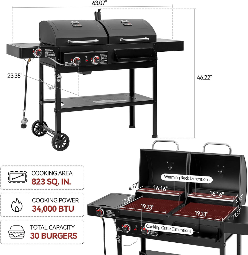ZH3005 2-Burner Gas and Charcoal Combo Grill with Side Burner, 34,000 BTU Dual Fuel Grill, 823 Sq. In. Cooking Area, for Outdoor Patio Garden Picnic Backyard Cooking, Black