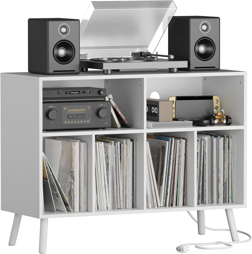 Cozy Castle Record Player Stand with Vinyl Storage Cabinet, Wood Turntable Table Open Shelf Holder Up to 350 Albums Cube Storage Organizer for Living Room, Office, White