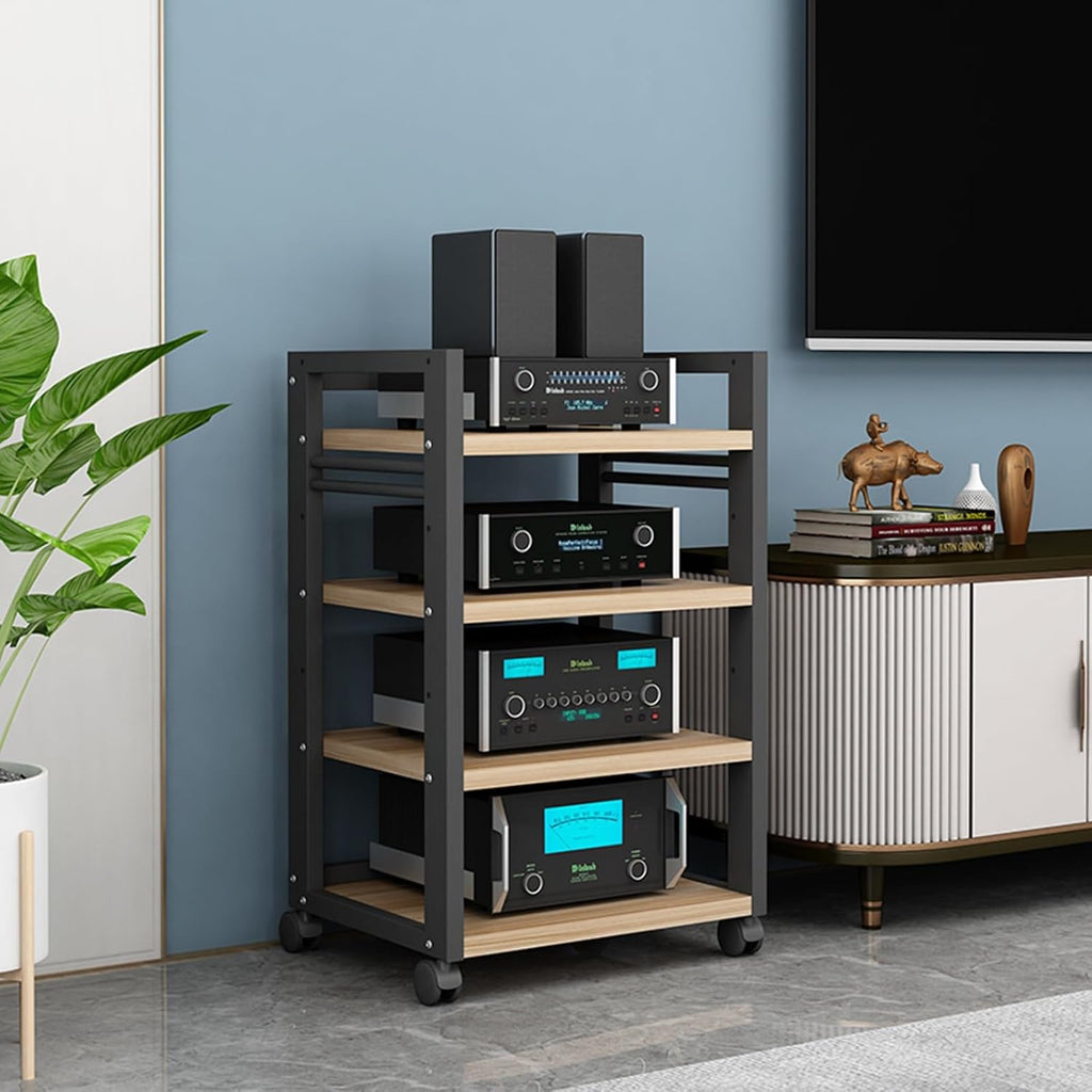 Open 4-Tier Media Stand Audio Video Component Cabinet DVD CD Player Stand Stereo Power Amplifier Equipment Storage Rack with Height Adjustable Wooden Shelf for Home/Office/Theater (Color : A)