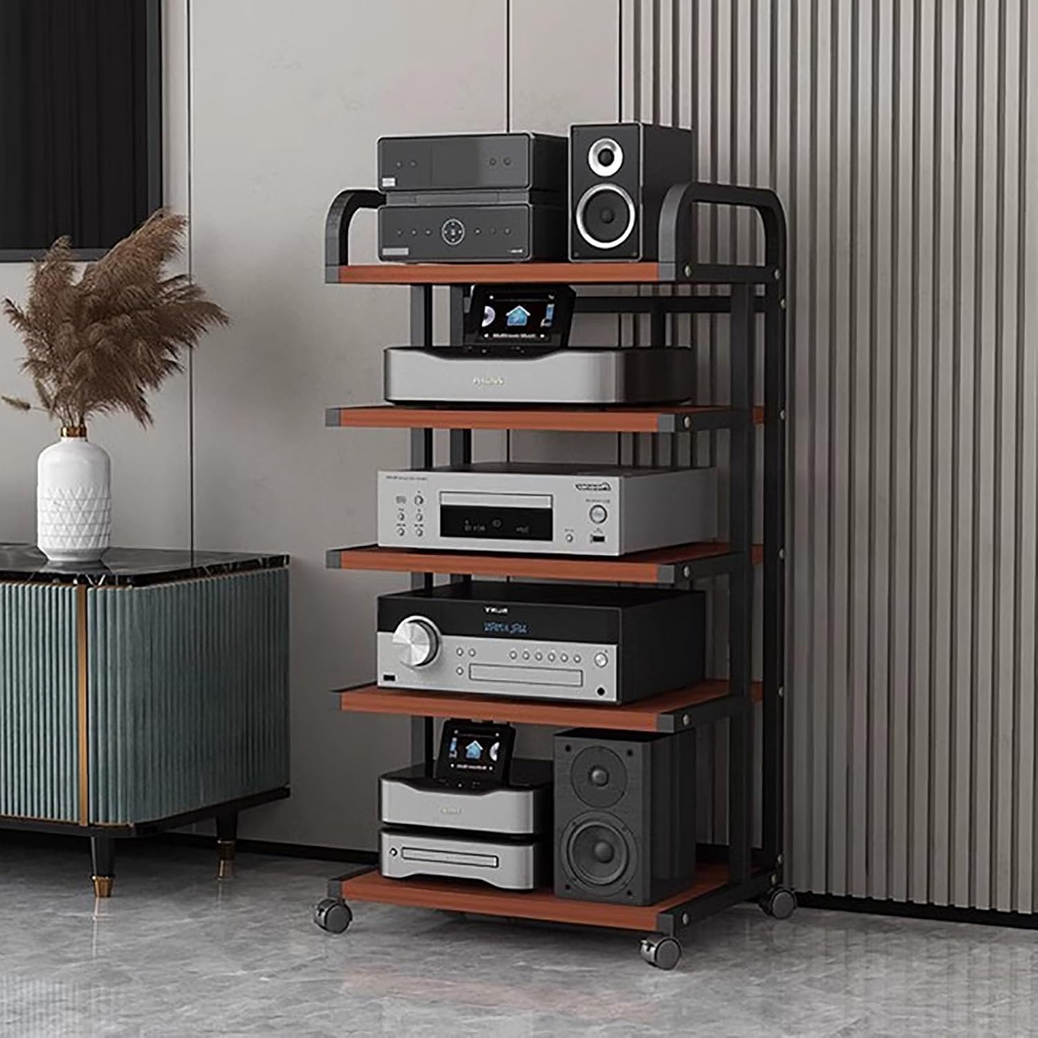 Audio Rack Av Tower Media Stand 5-Tier Electronics Equipment Shelf, Heavy Duty 106cm Tall Mobile Stereo Racks Cart on Wheels, Floor-Standing Commercial Home Media Stand, Brown