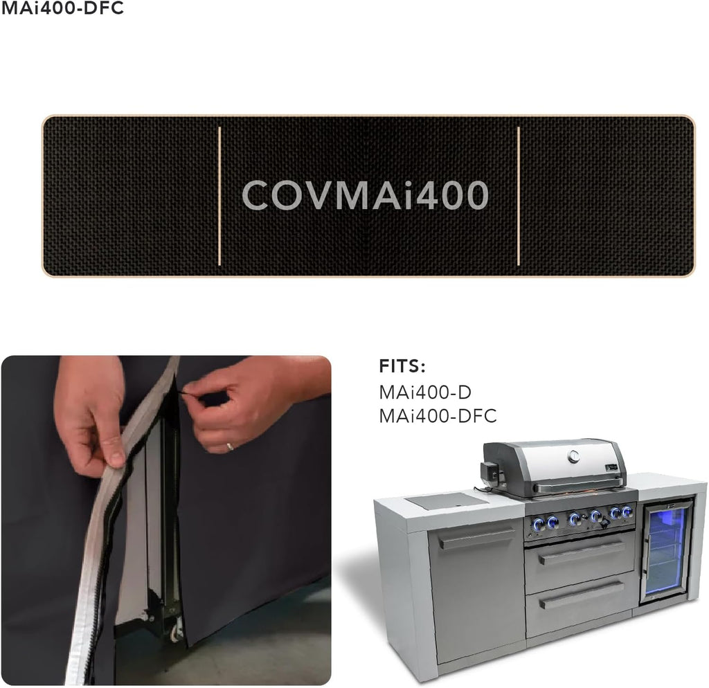 Mont Alpi Heavy Duty Black Water Resistant All Weather Cover for 82'W x 23'D Deluxe Original and Black Outdoor Kitchen Island Grill Models - MAi400 / MAi400-D / MAi400-BSS / MAi400-DFC / MAi400-BSSFC