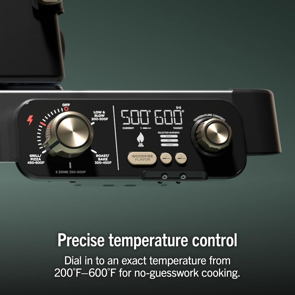 Ninja FlexFlame ProConnect Grill & Smoker | 5-in-1 Smart Cooking System | Electric & Propane | App-Connected | 3-Burner Digital Control | Roast, Griddle & Pizza Maker | Black/Gold | PG305