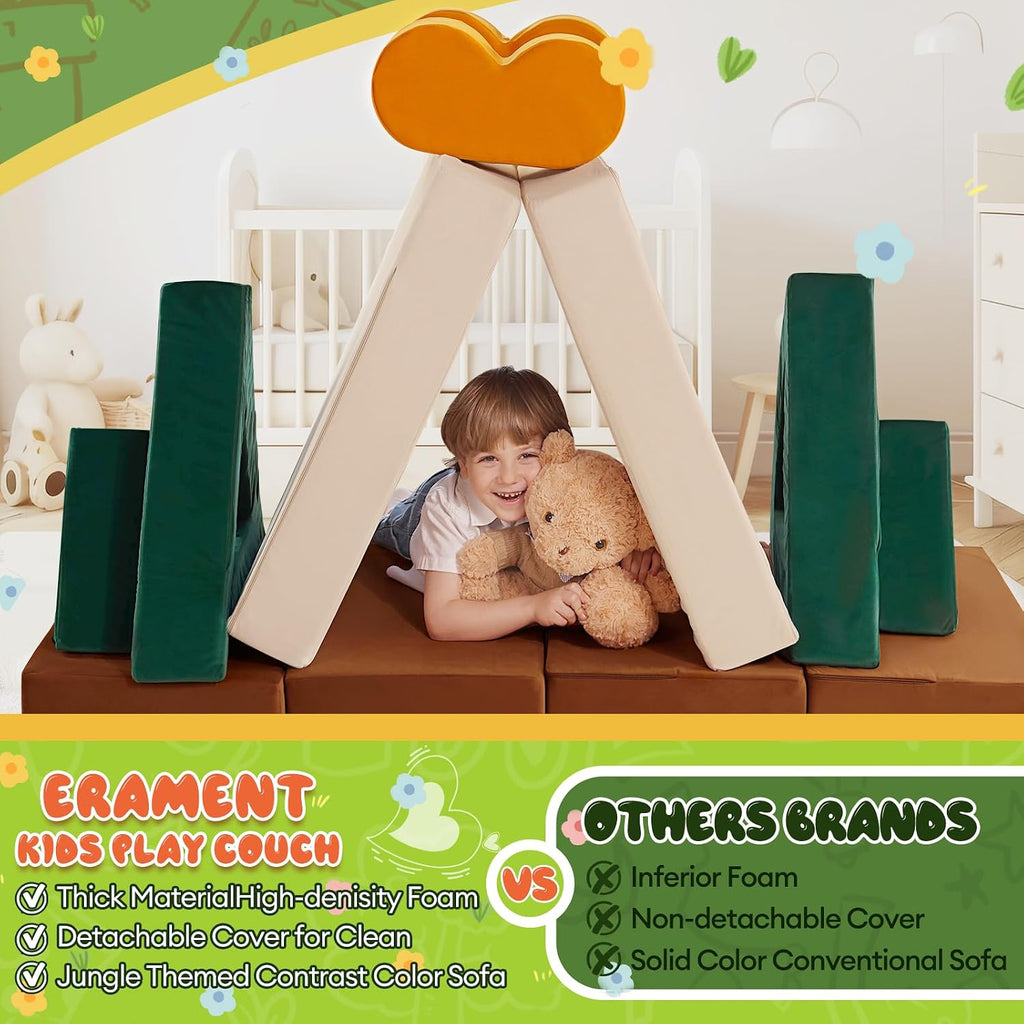 Erament 18PCS Modular Kids Play Couch - Junlge Theme Toddler Couch Building Fort, Convertible Sofa Multifunctional Kids Sofa, Toddler Baby Playroom/Bedroom Furniture for Playing, Sleeping